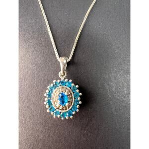 Vintage 925 Sterling Silver Blue Apatite & Diamond Halo Pendant Necklace